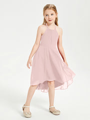 Trendy Tea Length Junior Bridesmaid Dresses Asymmetrical Skirt Dusty Rose