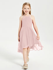 Trendy Tea Length Junior Bridesmaid Dresses Asymmetrical Skirt Dusty Rose