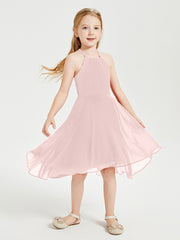 Trendy Tea Length Junior Bridesmaid Dresses Asymmetrical Skirt Dusty Rose