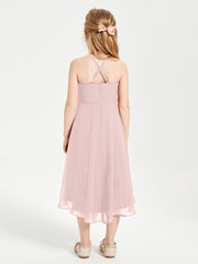 Trendy Tea Length Junior Bridesmaid Dresses Asymmetrical Skirt Dusty Rose