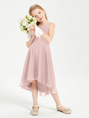 Trendy Tea Length Junior Bridesmaid Dresses Asymmetrical Skirt Dusty Rose