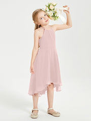 Trendy Tea Length Junior Bridesmaid Dresses Asymmetrical Skirt Dusty Rose