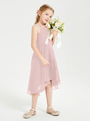 Trendy Tea Length Junior Bridesmaid Dresses Asymmetrical Skirt Dusty Rose