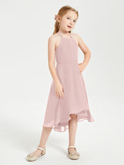 Trendy Tea Length Junior Bridesmaid Dresses Asymmetrical Skirt Dusty Rose