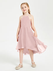 Trendy Tea Length Junior Bridesmaid Dresses Asymmetrical Skirt Dusty Rose
