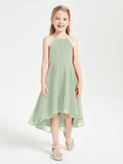 Trendy Tea Length Junior Bridesmaid Dresses Asymmetrical Skirt Dusty Sage