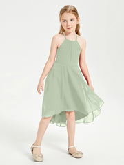 Trendy Tea Length Junior Bridesmaid Dresses Asymmetrical Skirt Dusty Sage