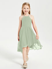 Trendy Tea Length Junior Bridesmaid Dresses Asymmetrical Skirt Dusty Sage