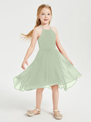 Trendy Tea Length Junior Bridesmaid Dresses Asymmetrical Skirt Dusty Sage