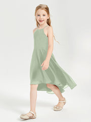 Trendy Tea Length Junior Bridesmaid Dresses Asymmetrical Skirt Dusty Sage