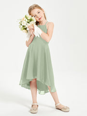 Trendy Tea Length Junior Bridesmaid Dresses Asymmetrical Skirt Dusty Sage