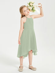 Trendy Tea Length Junior Bridesmaid Dresses Asymmetrical Skirt Dusty Sage
