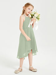 Trendy Tea Length Junior Bridesmaid Dresses Asymmetrical Skirt Dusty Sage