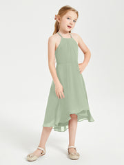 Trendy Tea Length Junior Bridesmaid Dresses Asymmetrical Skirt Dusty Sage