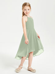 Trendy Tea Length Junior Bridesmaid Dresses Asymmetrical Skirt Dusty Sage