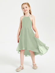 Trendy Tea Length Junior Bridesmaid Dresses Asymmetrical Skirt Dusty Sage