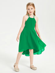 Trendy Tea Length Junior Bridesmaid Dresses Asymmetrical Skirt Emerald