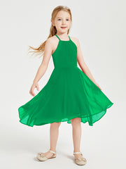 Trendy Tea Length Junior Bridesmaid Dresses Asymmetrical Skirt Emerald
