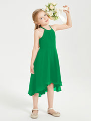 Trendy Tea Length Junior Bridesmaid Dresses Asymmetrical Skirt Emerald