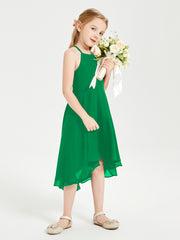 Trendy Tea Length Junior Bridesmaid Dresses Asymmetrical Skirt Emerald