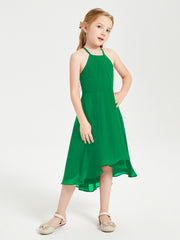 Trendy Tea Length Junior Bridesmaid Dresses Asymmetrical Skirt Emerald