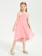 Trendy Tea Length Junior Bridesmaid Dresses Asymmetrical Skirt Flamingo