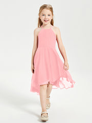 Trendy Tea Length Junior Bridesmaid Dresses Asymmetrical Skirt Flamingo