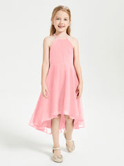 Trendy Tea Length Junior Bridesmaid Dresses Asymmetrical Skirt Flamingo