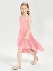 Trendy Tea Length Junior Bridesmaid Dresses Asymmetrical Skirt Flamingo