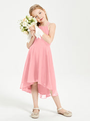 Trendy Tea Length Junior Bridesmaid Dresses Asymmetrical Skirt Flamingo