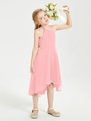 Trendy Tea Length Junior Bridesmaid Dresses Asymmetrical Skirt Flamingo