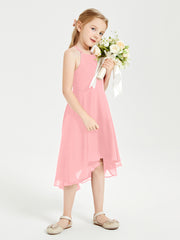 Trendy Tea Length Junior Bridesmaid Dresses Asymmetrical Skirt Flamingo