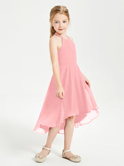 Trendy Tea Length Junior Bridesmaid Dresses Asymmetrical Skirt Flamingo