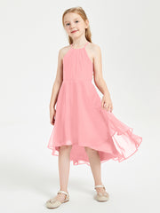 Trendy Tea Length Junior Bridesmaid Dresses Asymmetrical Skirt Flamingo