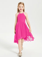 Trendy Tea Length Junior Bridesmaid Dresses Asymmetrical Skirt Fuchsia