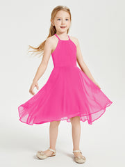 Trendy Tea Length Junior Bridesmaid Dresses Asymmetrical Skirt Fuchsia