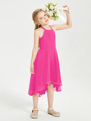 Trendy Tea Length Junior Bridesmaid Dresses Asymmetrical Skirt Fuchsia