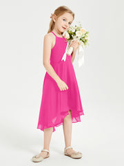 Trendy Tea Length Junior Bridesmaid Dresses Asymmetrical Skirt Fuchsia