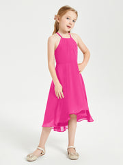 Trendy Tea Length Junior Bridesmaid Dresses Asymmetrical Skirt Fuchsia