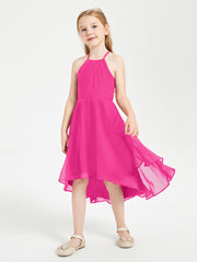 Trendy Tea Length Junior Bridesmaid Dresses Asymmetrical Skirt Fuchsia