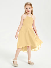 Trendy Tea Length Junior Bridesmaid Dresses Asymmetrical Skirt Gold
