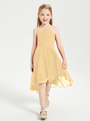 Trendy Tea Length Junior Bridesmaid Dresses Asymmetrical Skirt Gold