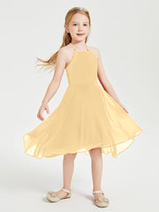 Trendy Tea Length Junior Bridesmaid Dresses Asymmetrical Skirt Gold