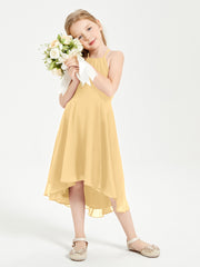 Trendy Tea Length Junior Bridesmaid Dresses Asymmetrical Skirt Gold