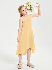 Trendy Tea Length Junior Bridesmaid Dresses Asymmetrical Skirt Gold