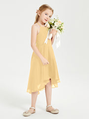 Trendy Tea Length Junior Bridesmaid Dresses Asymmetrical Skirt Gold