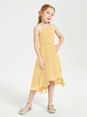 Trendy Tea Length Junior Bridesmaid Dresses Asymmetrical Skirt Gold