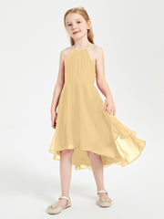 Trendy Tea Length Junior Bridesmaid Dresses Asymmetrical Skirt Gold