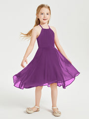 Trendy Tea Length Junior Bridesmaid Dresses Asymmetrical Skirt Grape