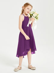 Trendy Tea Length Junior Bridesmaid Dresses Asymmetrical Skirt Grape